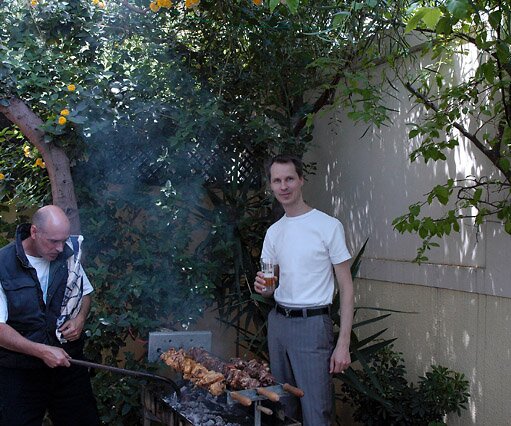 _DSC0013 My brother and Arto preparing the traditional Souvla at Easter
