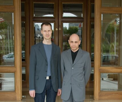 _DSC0021 Arto and Markos at the entrance of Curium hotel.