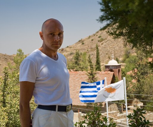 _DSC0018 Markos at Fikardou. The village church in the background.