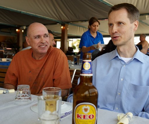 _DSC0036 Nicos and Arto at a seaside restaurant, Captain's Cabin.