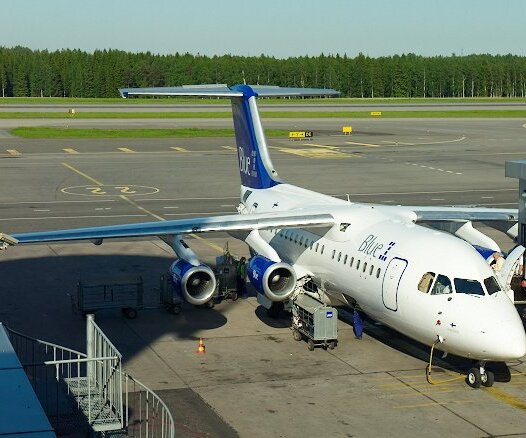 _DSC0284 View of a Blue 1 aircraft from the lounge at Vantaa airport in Helsinki.