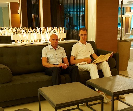 _DSC0023 Markos and Arto in the lobby at Capo Bay.