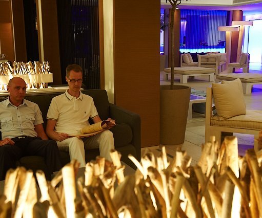 _DSC0028 Markos and Arto in the lobby at Capo Bay. The lobby bar in the background to the right.