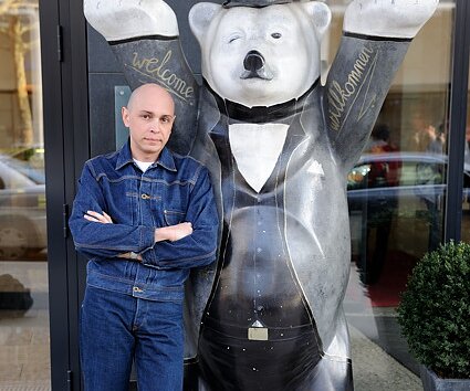 _DSC0280 Markos with the bear outside the hotel.