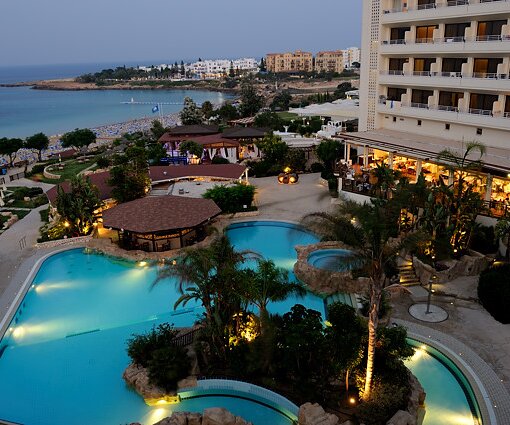 _DSC0039 View over the pool area and the sea at Capo Bay in the evening.