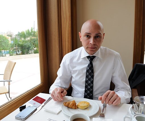 _DSC0008 Markos having breakfast at Curium Palace Hotel.