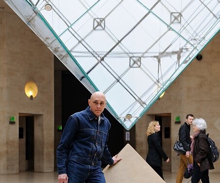 _DSC0034 Markos at the inverted glass pyramid at the Louvre.