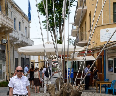 _DSC0044 Markos at the checkpoint to occupied Nicosia in Ledra street.