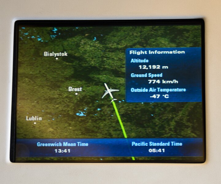 _DSC0018 Flight route information, flying over Europe at 12192 meters.