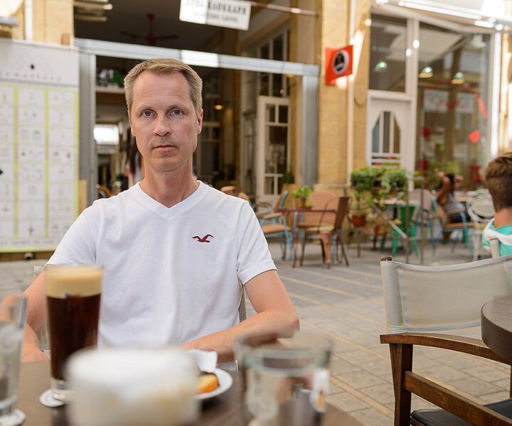 _DSC0003 Arto having an espresso freddo at a café in Ledra Street.