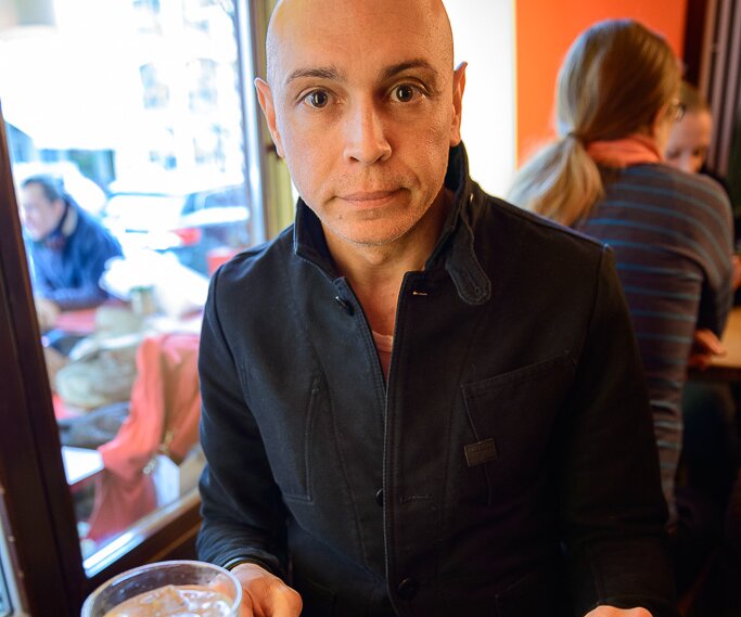 _DSC0048 Markos having spring rolls at Monsieur Vuong.