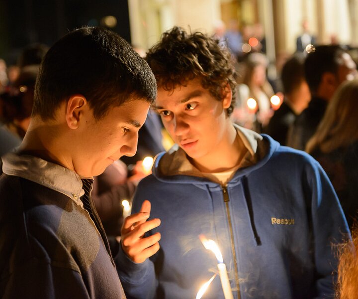 _DSC0072 Christos and Andreas at church in Limassol at the night of Holy Saturday.