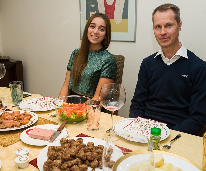 _DSC0078 Ingrid and Arto getting ready for Christmas Eve dinner.