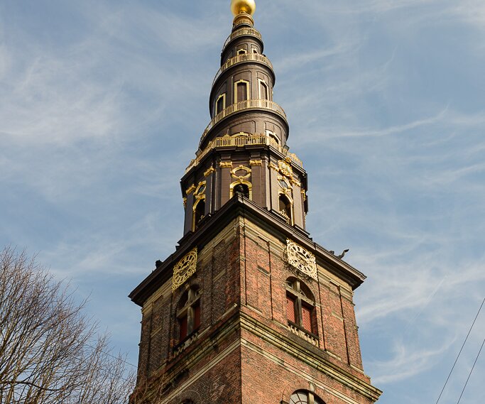 _DSC0001 The spire of Vor Frelsers Kirke (Church of Our Saviour) in Copenhagen, reaching a height of 90 meters.