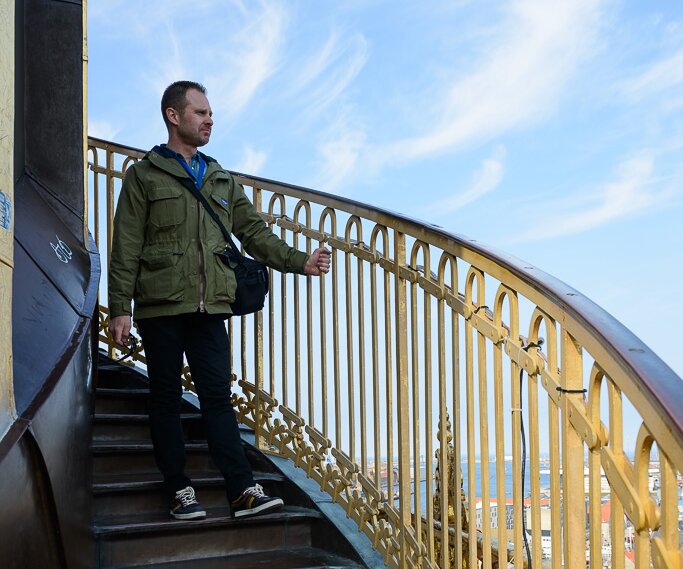 _DSC0031 Mikael at the spire of Vor Frelsers Kirke (Church of Our Saviour) in Copenhagen.