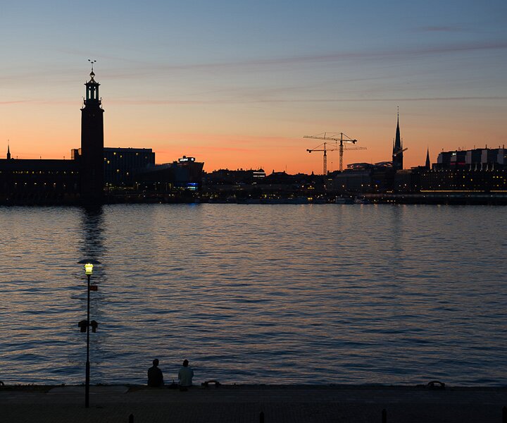 _DSC0028 View of Stockholm city at dusk, late evening in July. The city hall to the left.
