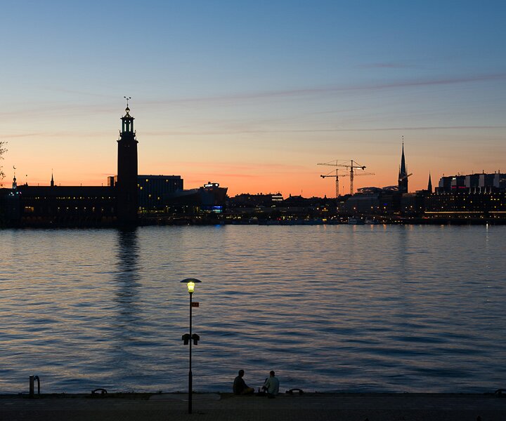 _DSC0032 View of Stockholm city at dusk, late evening in July. The city hall to the left.