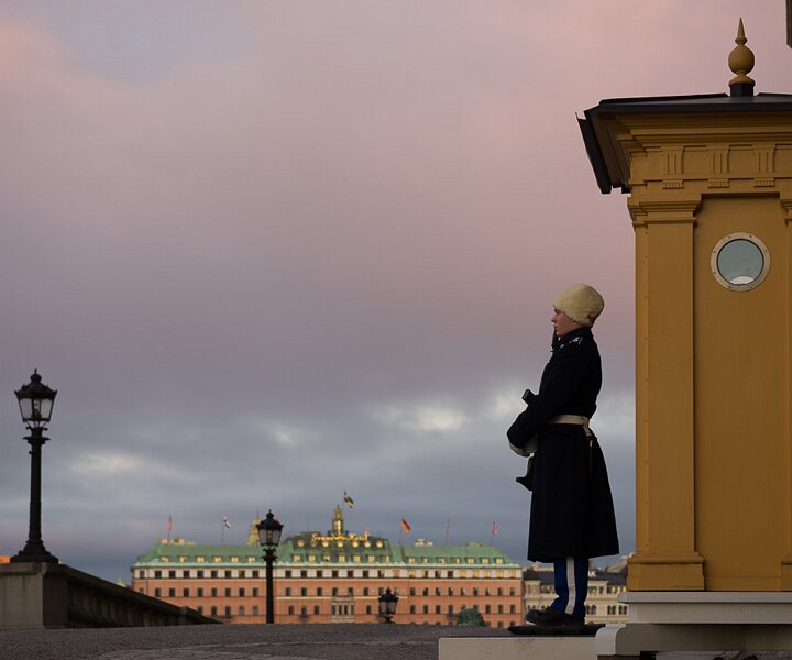 _DSC0077 Royal Guard at the Royal Palace in Stockholm. The Grand Hôtel in the background.