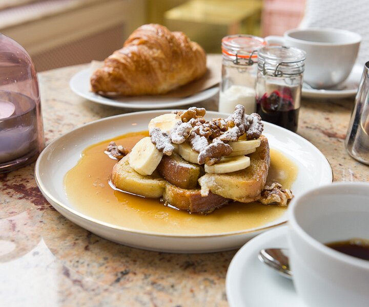 _DSC2894 French toast with banana and walnuts at Gretas at Haymarket hotel.