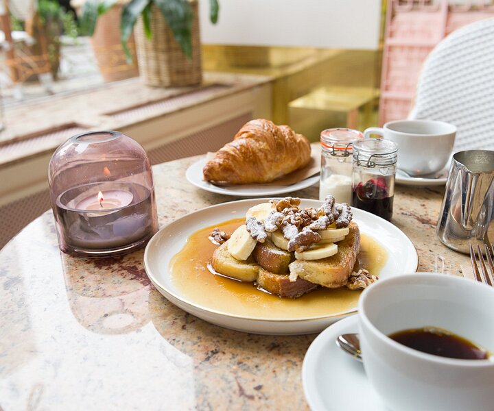 _DSC2896 Morning coffee with croissant and French toast with banana and walnuts at Gretas at the Haymarket hotel.