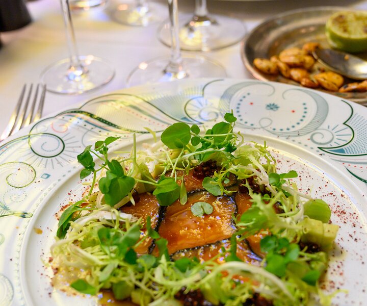 _DSC2708 Chared salmon with cucumber, cress, avocado, frisbee lettuce & yuzu at Bank Hotel.